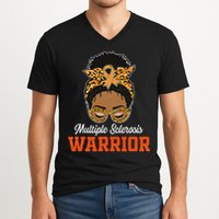 Multiple Sclerosis Warrior Messy Bun Ms Orange Ribbon V-Neck T-Shirt