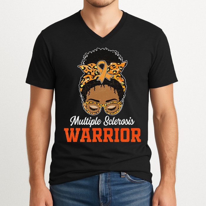 Multiple Sclerosis Warrior Messy Bun Ms Orange Ribbon V-Neck T-Shirt