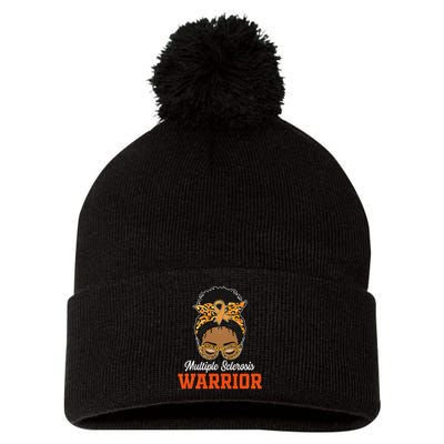 Multiple Sclerosis Warrior Messy Bun Ms Orange Ribbon Pom Pom 12in Knit Beanie