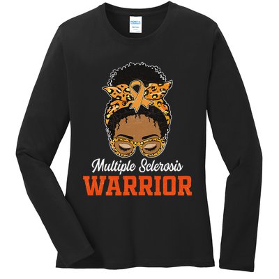 Multiple Sclerosis Warrior Messy Bun Ms Orange Ribbon Ladies Long Sleeve Shirt