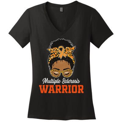 Multiple Sclerosis Warrior Messy Bun Ms Orange Ribbon Women's V-Neck T-Shirt