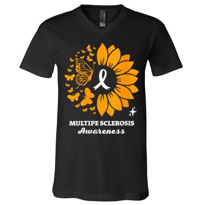 Multiple Sclerosis Warrior Awareness Sunflower Ribbon V-Neck T-Shirt