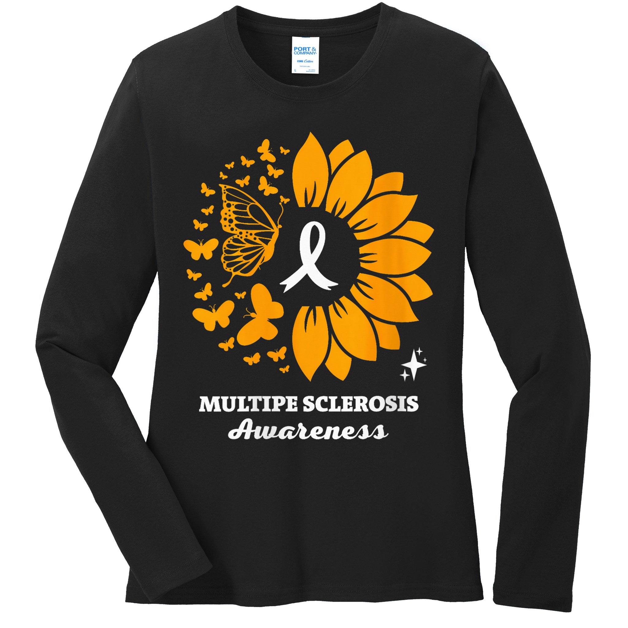 Multiple Sclerosis Warrior Awareness Sunflower Ribbon Ladies Long Sleeve Shirt