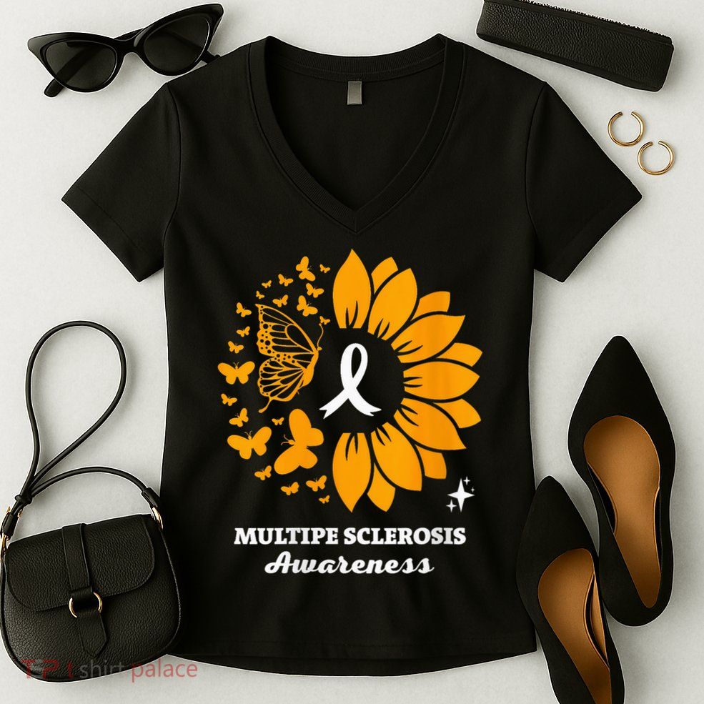 Multiple Sclerosis Warrior Awareness Sunflower Ribbon Women's V-Neck T-Shirt