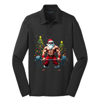 Muscle Santa Weightlifter Christmas Powerlifting Xmas Gym Gift Silk Touch Performance Long Sleeve Polo