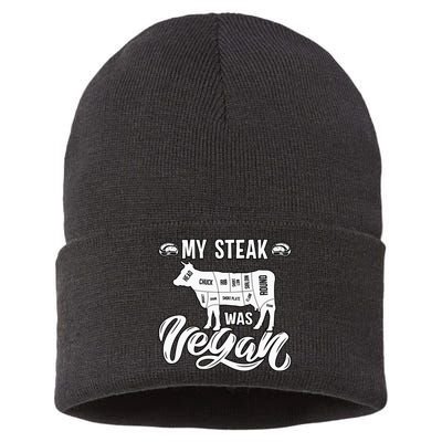 My Steak was Vegan Anti Vegan Meat Lover Funny Saying Sustainable Knit Beanie