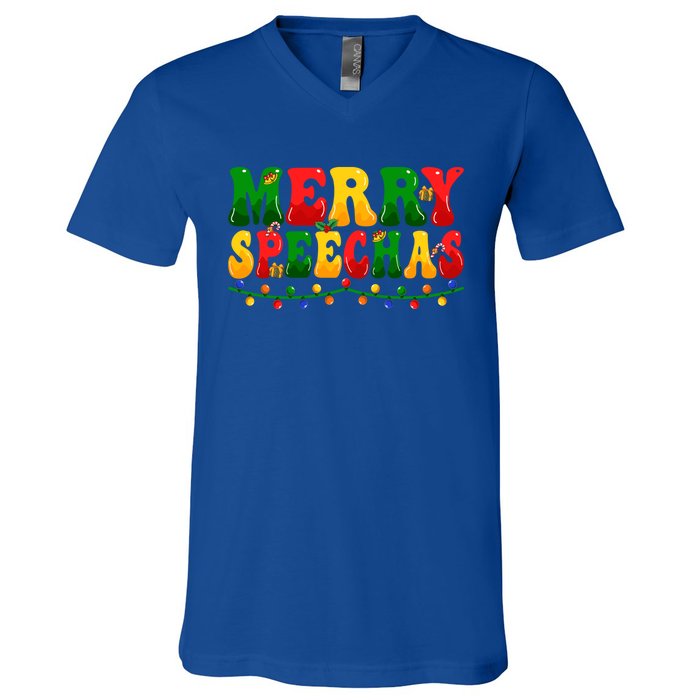 Merry Speechmas Xmas Light Slp Speech Therapist Christmas Great Gift V-Neck T-Shirt