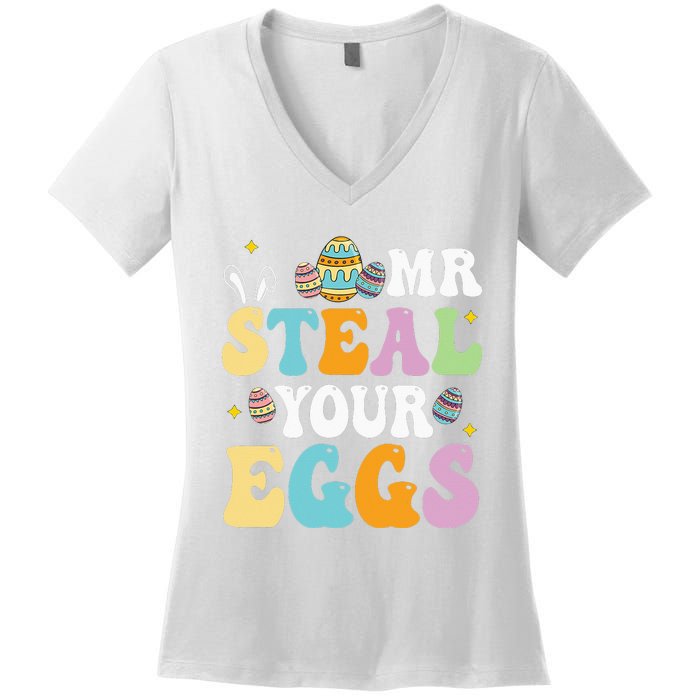 Mr Steal Your Eggs Easter Sunday Funny Easter Women's V-Neck T-Shirt