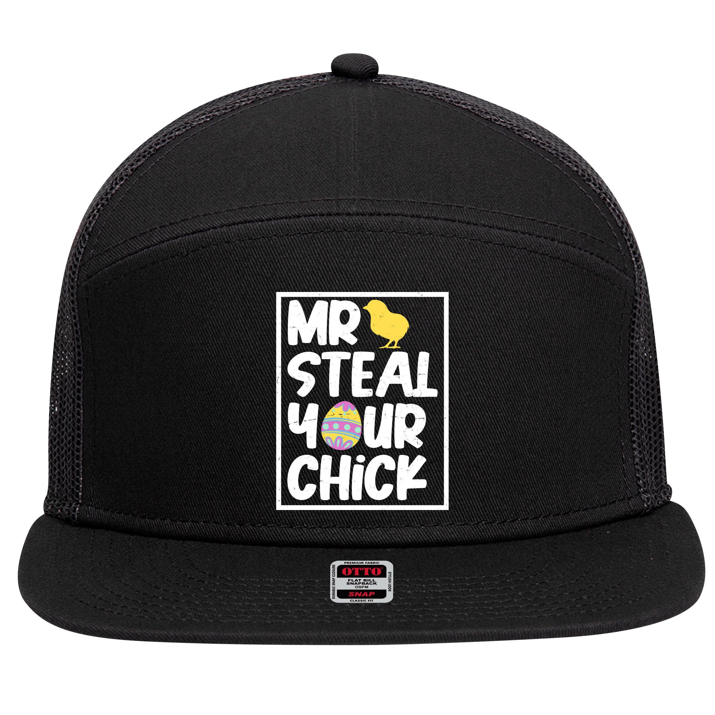 Mr Steal Your Chick Funny Chicken Egg 7 Panel Mesh Trucker Snapback Hat