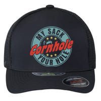 My Sack Your Hole Funny Cornhole Sack Toss Circle Distressed Flexfit Unipanel Trucker Cap