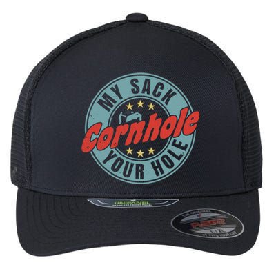 My Sack Your Hole Funny Cornhole Sack Toss Circle Distressed Flexfit Unipanel Trucker Cap