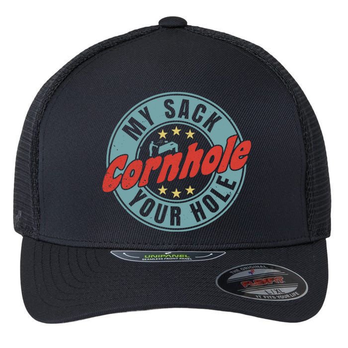 My Sack Your Hole Funny Cornhole Sack Toss Circle Distressed Flexfit Unipanel Trucker Cap