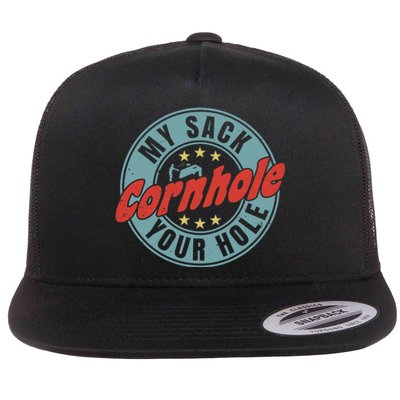 My Sack Your Hole Funny Cornhole Sack Toss Circle Distressed Flat Bill Trucker Hat