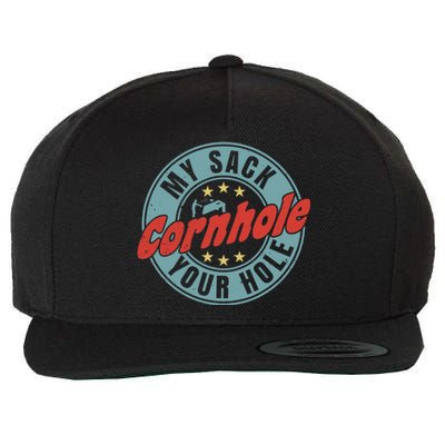 My Sack Your Hole Funny Cornhole Sack Toss Circle Distressed Wool Snapback Cap