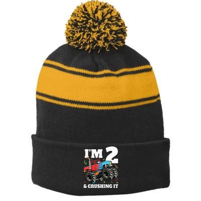 Monster Truck 2nd Birthday Boy 2 Two Year Old Stripe Pom Pom Beanie