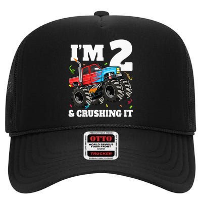 Monster Truck 2nd Birthday Boy 2 Two Year Old High Crown Mesh Back Trucker Hat