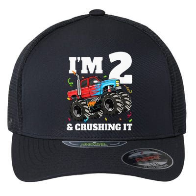 Monster Truck 2nd Birthday Boy 2 Two Year Old Flexfit Unipanel Trucker Cap