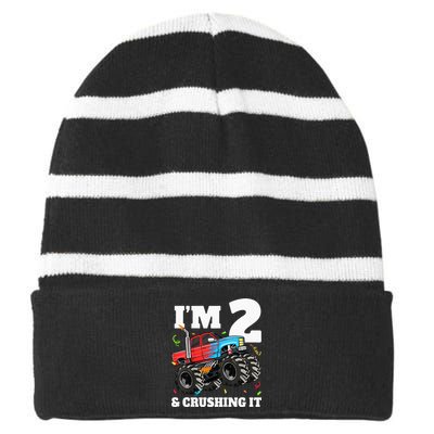 Monster Truck 2nd Birthday Boy 2 Two Year Old Striped Beanie with Solid Band