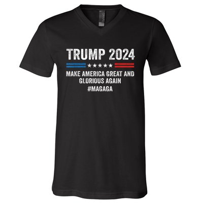 Magaga Trump 2024 Make America Great And Glorious Again V-Neck T-Shirt