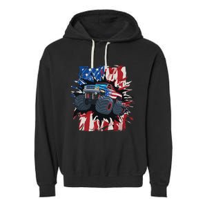 Monster Truck 4th Of July American Flag USA Garment-Dyed Fleece Hoodie