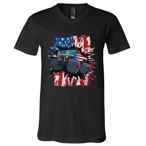 Monster Truck 4th Of July American Flag USA V-Neck T-Shirt