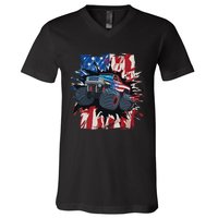 Monster Truck 4th Of July American Flag USA V-Neck T-Shirt