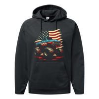 Monster Truck 4th of July Vintage American Flag Patriotic Performance Fleece Hoodie