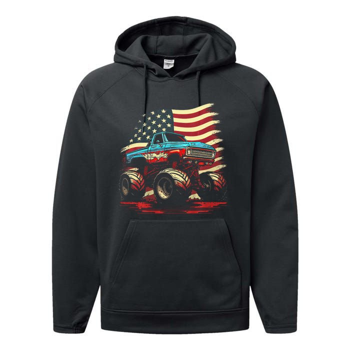 Monster Truck 4th of July Vintage American Flag Patriotic Performance Fleece Hoodie