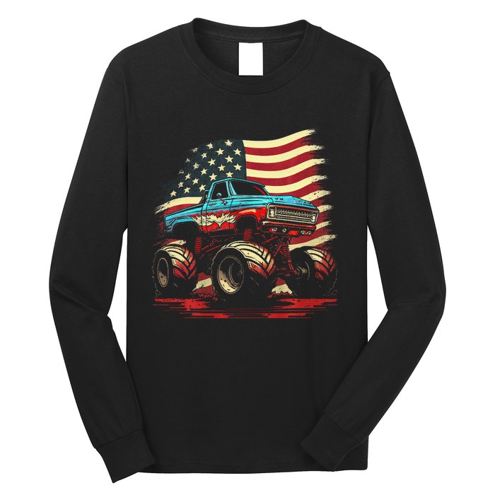 Monster Truck 4th of July Vintage American Flag Patriotic Long Sleeve Shirt