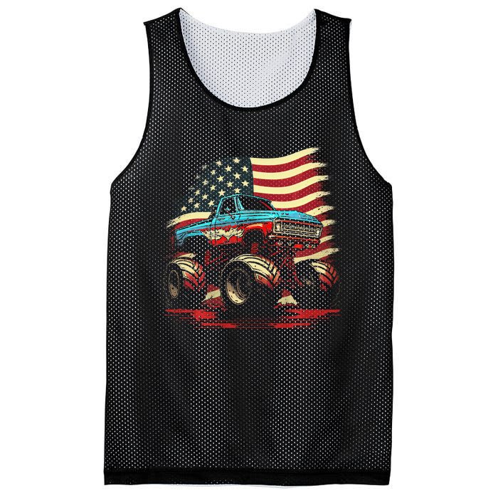 Monster Truck 4th of July Vintage American Flag Patriotic Mesh Reversible Basketball Jersey Tank