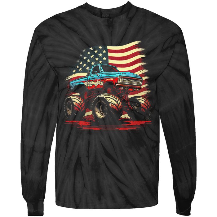 Monster Truck 4th of July Vintage American Flag Patriotic Tie-Dye Long Sleeve Shirt