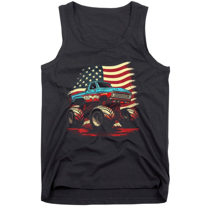 Monster Truck 4th of July Vintage American Flag Patriotic Tank Top