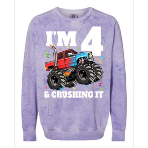 Monster Truck 4th Birthday Boy 4 Four Year Old Colorblast Crewneck Sweatshirt