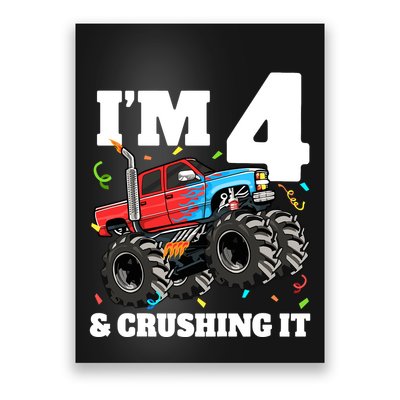 Monster Truck 4th Birthday Boy 4 Four Year Old Poster
