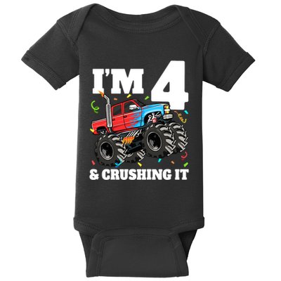 Monster Truck 4th Birthday Boy 4 Four Year Old Baby Bodysuit