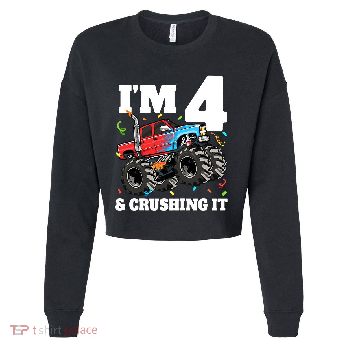 Monster Truck 4th Birthday Boy 4 Four Year Old Cropped Pullover Crew