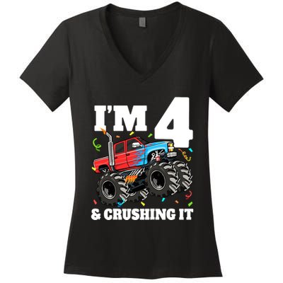 Monster Truck 4th Birthday Boy 4 Four Year Old Women's V-Neck T-Shirt