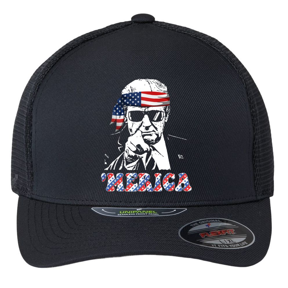 Merica Trump 4th Of July American Flag Festive Flexfit Unipanel Trucker Cap