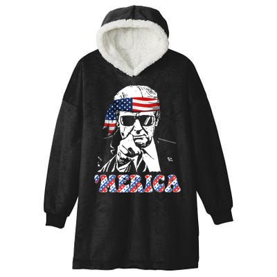 Merica Trump 4th Of July American Flag Festive Hooded Wearable Blanket