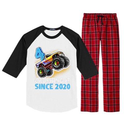 Monster Truck 4 Year Old Boy 4th Birthday Party Born 2020 Raglan Sleeve Pajama Set