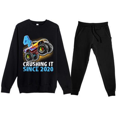 Monster Truck 4 Year Old Boy 4th Birthday Party Born 2020 Premium Crewneck Sweatsuit Set