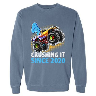 Monster Truck 4 Year Old Boy 4th Birthday Party Born 2020 Garment-Dyed Sweatshirt