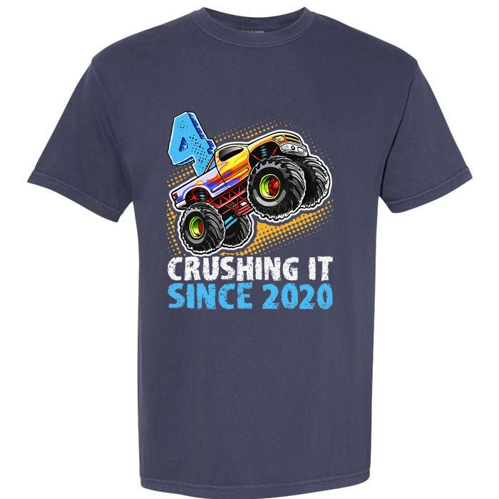 Monster Truck 4 Year Old Boy 4th Birthday Party Born 2020 Garment-Dyed Heavyweight T-Shirt