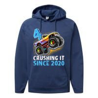 Monster Truck 4 Year Old Boy 4th Birthday Party Born 2020 Performance Fleece Hoodie