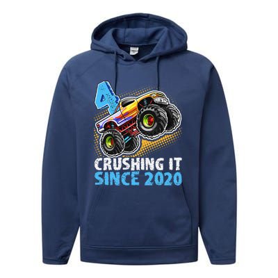 Monster Truck 4 Year Old Boy 4th Birthday Party Born 2020 Performance Fleece Hoodie