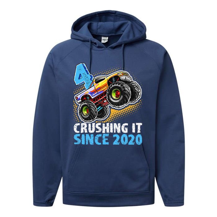 Monster Truck 4 Year Old Boy 4th Birthday Party Born 2020 Performance Fleece Hoodie