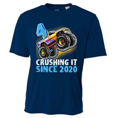 Monster Truck 4 Year Old Boy 4th Birthday Party Born 2020 Cooling Performance Crew T-Shirt