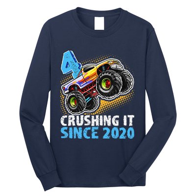 Monster Truck 4 Year Old Boy 4th Birthday Party Born 2020 Long Sleeve Shirt