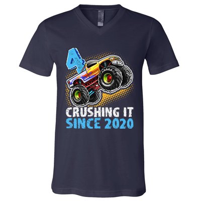 Monster Truck 4 Year Old Boy 4th Birthday Party Born 2020 V-Neck T-Shirt