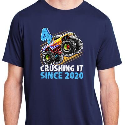 Monster Truck 4 Year Old Boy 4th Birthday Party Born 2020 Adult ChromaSoft Performance T-Shirt